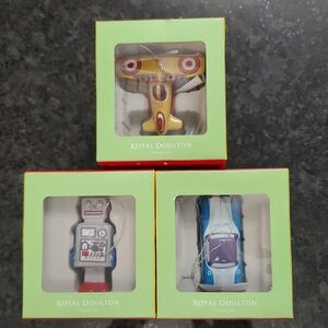 Set Of 3 Royal Doulton Christmas Ornaments Car, Robot And Aeroplane NEW
